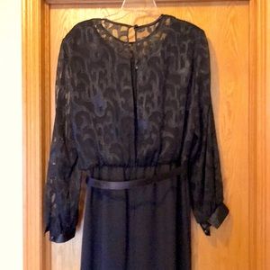 Vintage 80s USA MADE size 12 belted black sheer satin cocktail evening dress EUC